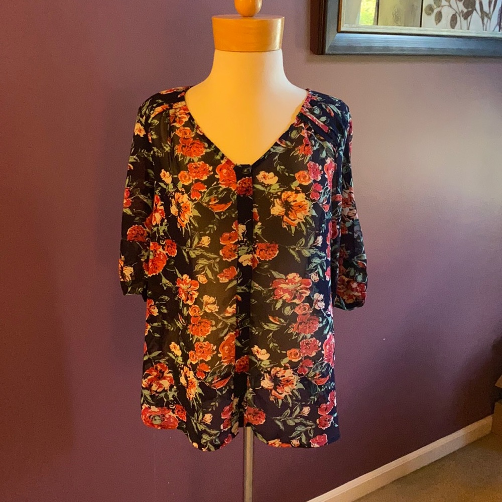 Sheer floral button up the front 3/4 length sleeve